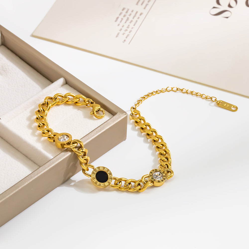 316 Stainless Steel 18K Gold Plated Bracelet | Black & White Accents with 3 Decorative Elements Minimalist Jewelry