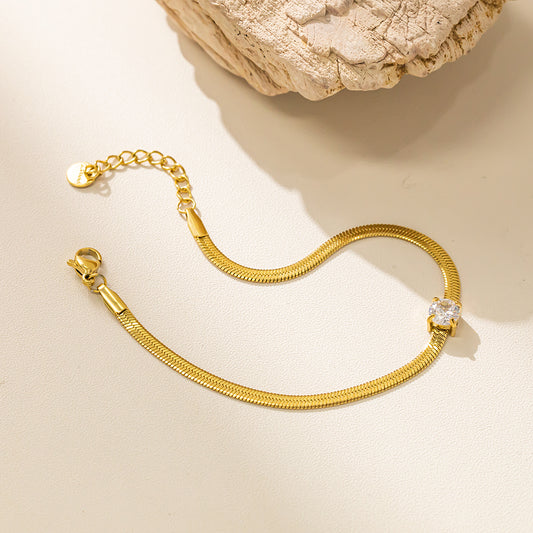 18K Gold Plated 316 Stainless Steel Snake Chain Bracelet with White Cubic Zirconia – Waterproof & Hypoallergenic
