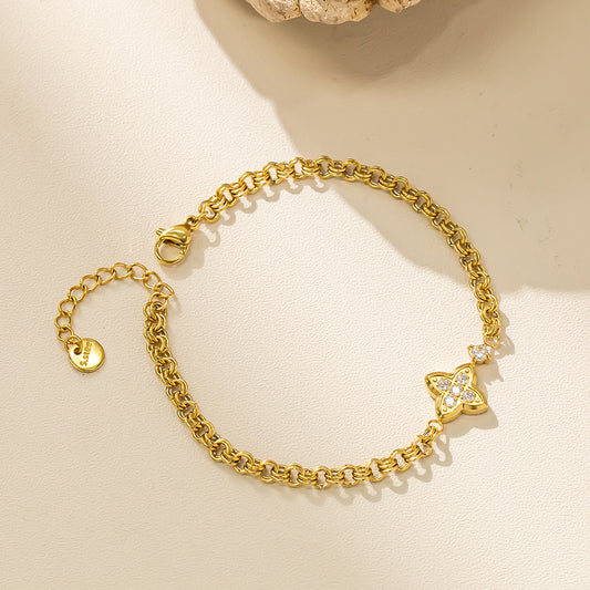 18K Gold Plated 316 Stainless Steel Four-Leaf Clover Bracelet with Crystal Accents – Waterproof & Hypoallergenic