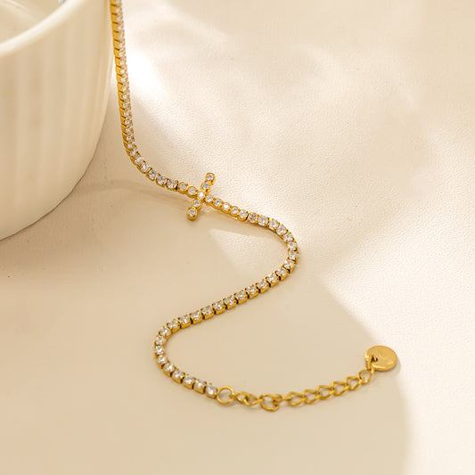 18K Gold Plated 316 Stainless Steel Full White Cubic Zirconia Bracelet with Cross Pendant – Waterproof & Hypoallergenic