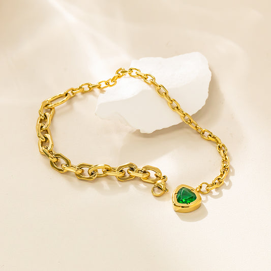 316 Stainless Steel Rope-Style Bracelet with Green Cubic Zirconia Accent on Chain End – Waterproof & Hypoallergenic