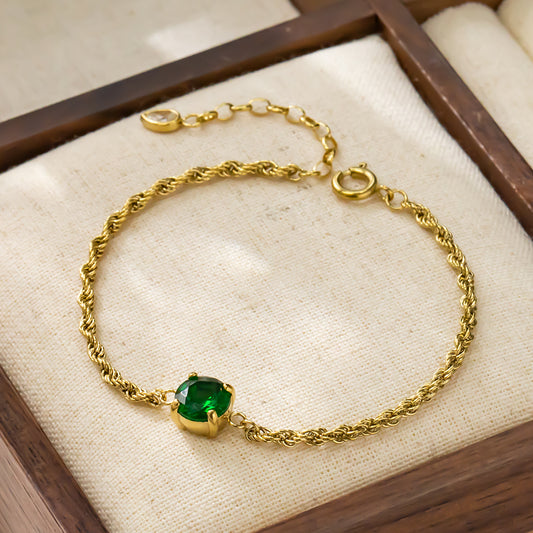 316 Stainless Steel Rope-Style Bracelet with Green Cubic Zirconia – Waterproof & Hypoallergenic