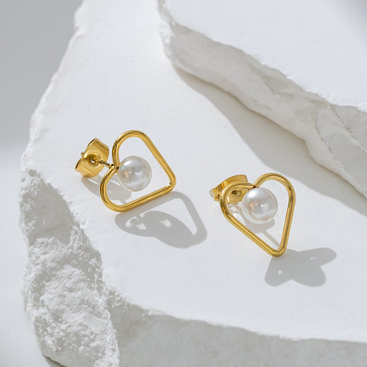 316 Stainless Steel 18K Gold Plated Hollow Heart Earrings | Bead Accented Romantic Jewelry