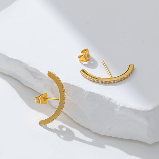316 Stainless Steel 18K Gold Plated C Shape Earrings | Zircon Inlaid Stylish Jewelry