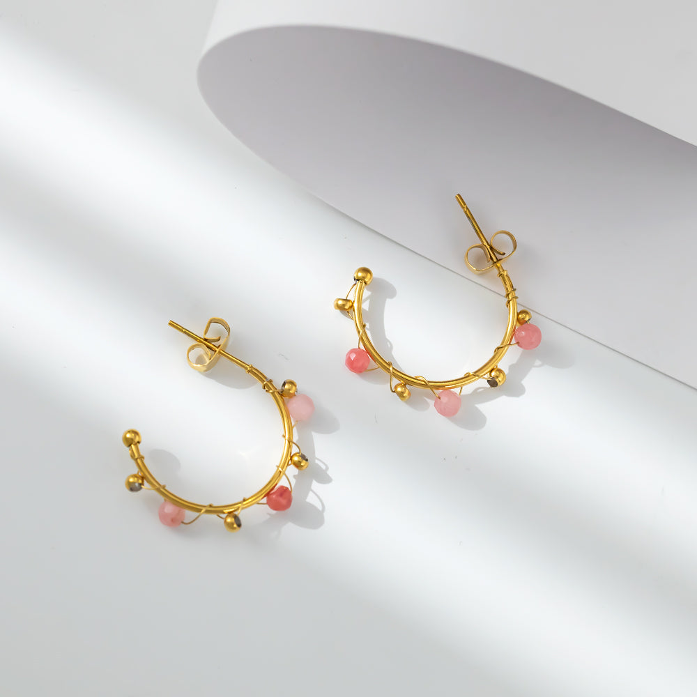 316 Stainless Steel 18K Gold Plated C Shape Earrings | Colorful Beads Trendy Jewelry