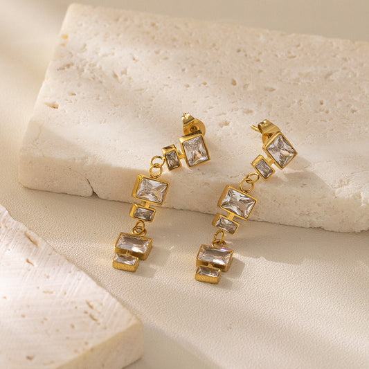 316 Stainless Steel 18K Gold Plated Square Pendant Earrings | Sparkling Zircon Stone Jewelry