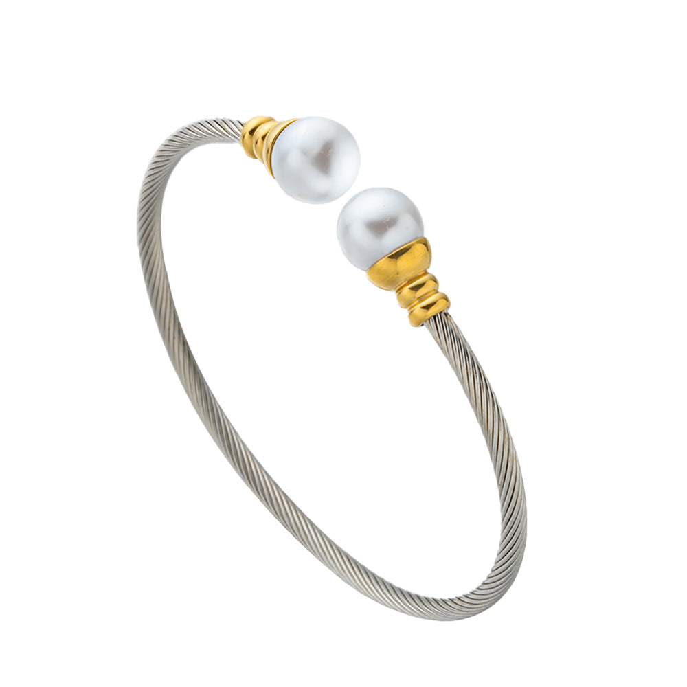 Silver Tone 316 Stainless Steel Rope-Style Bangle with Two White Beads – Waterproof & Hypoallergenic Bracelet
