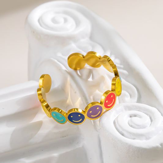 Multiple Smiley Face Open Ring – Adjustable 316L Stainless Steel, Waterproof, Tarnish Free, Hypoallergenic & 18K Gold Plated