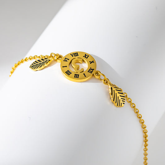 Roman Numeral Circle & Leaf Bracelet – 316L Stainless Steel, Waterproof, Tarnish Free, Hypoallergenic & 18K Gold Plated
