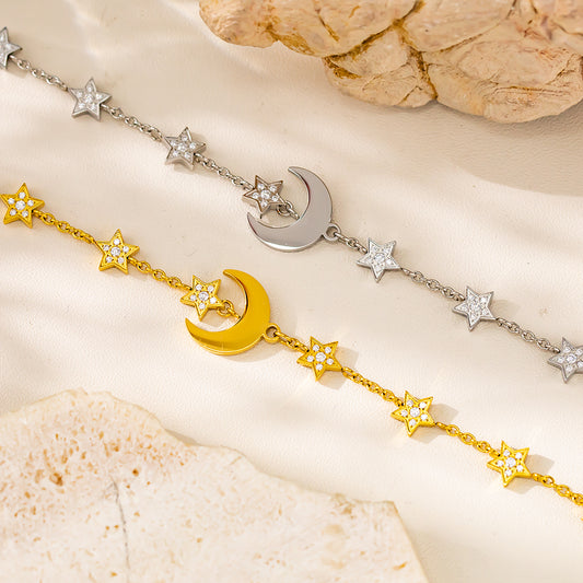 Moon Pendant with Surrounding Stars Bracelet – 316L Stainless Steel, Waterproof, Tarnish Free, Hypoallergenic & 18K Gold Plated