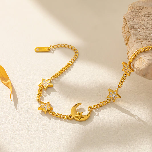 316L Stainless Steel Star & Moon Bracelet – Celestial Design, Hypoallergenic & Tarnish Free