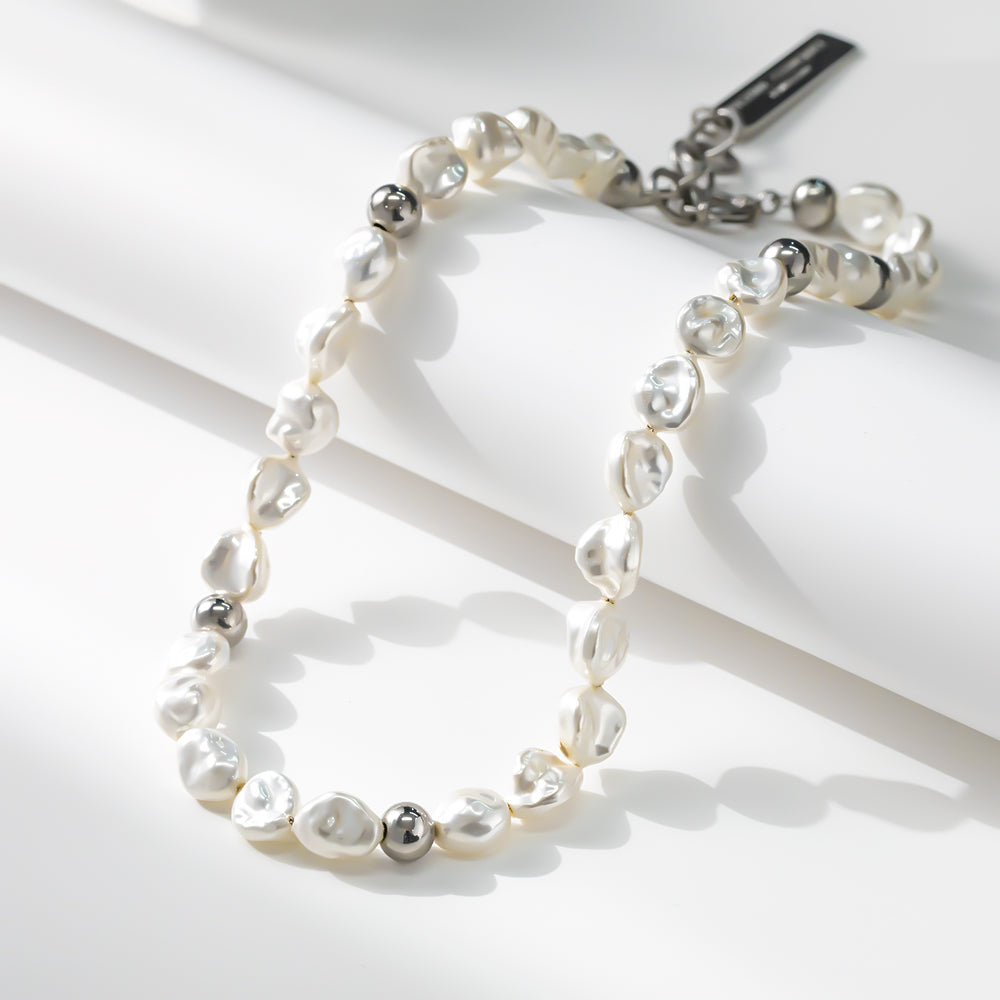 Irregular Pearl Beaded Necklace – 316L Stainless Steel, Elegant & Modern