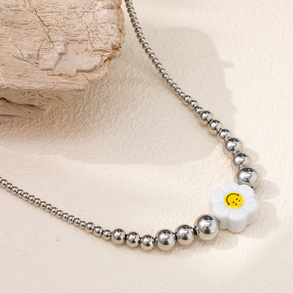 Ceramic Flower Pendant Necklace with Stainless Steel Beads – Elegant & Playful