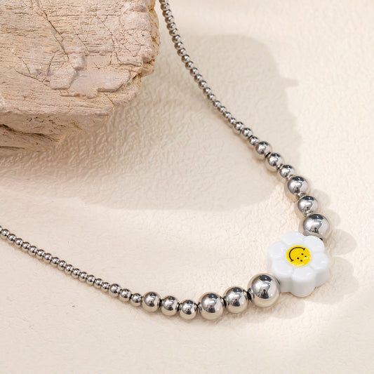 Ceramic Flower Pendant Necklace with Stainless Steel Beads – Elegant & Playful