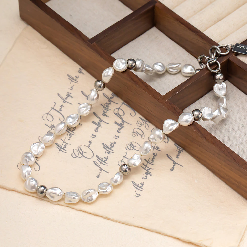 Irregular Pearl Beaded Necklace – 316L Stainless Steel, Elegant & Modern