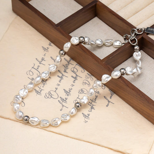 Irregular Pearl Beaded Necklace – 316L Stainless Steel, Elegant & Modern