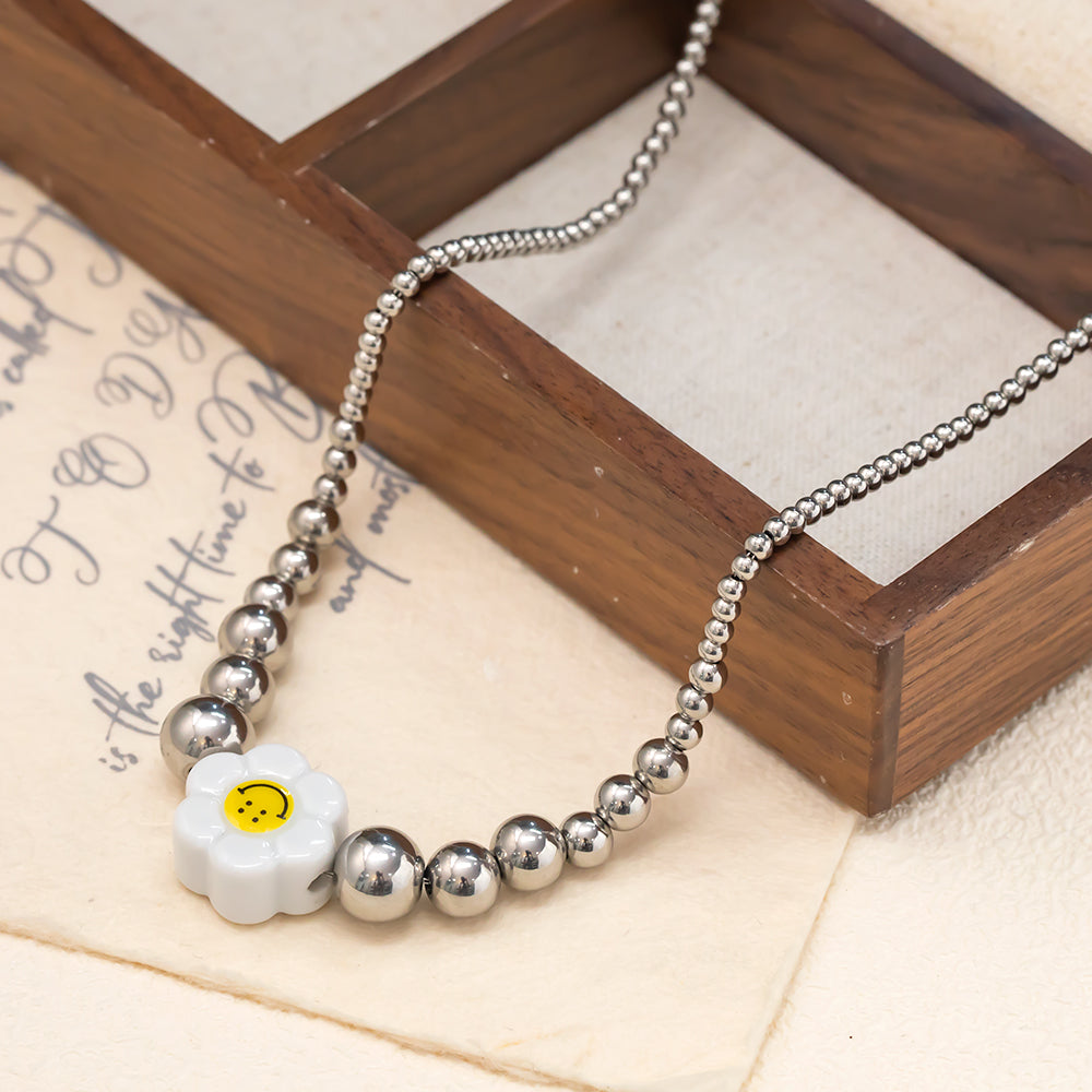 Ceramic Flower Pendant Necklace with Stainless Steel Beads – Elegant & Playful