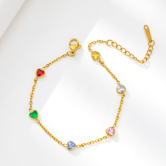 316 Stainless Steel 18K Gold Plated Bracelet with 5 Colorful Heart Zircon Stones | Dazzling Fashion Jewelry