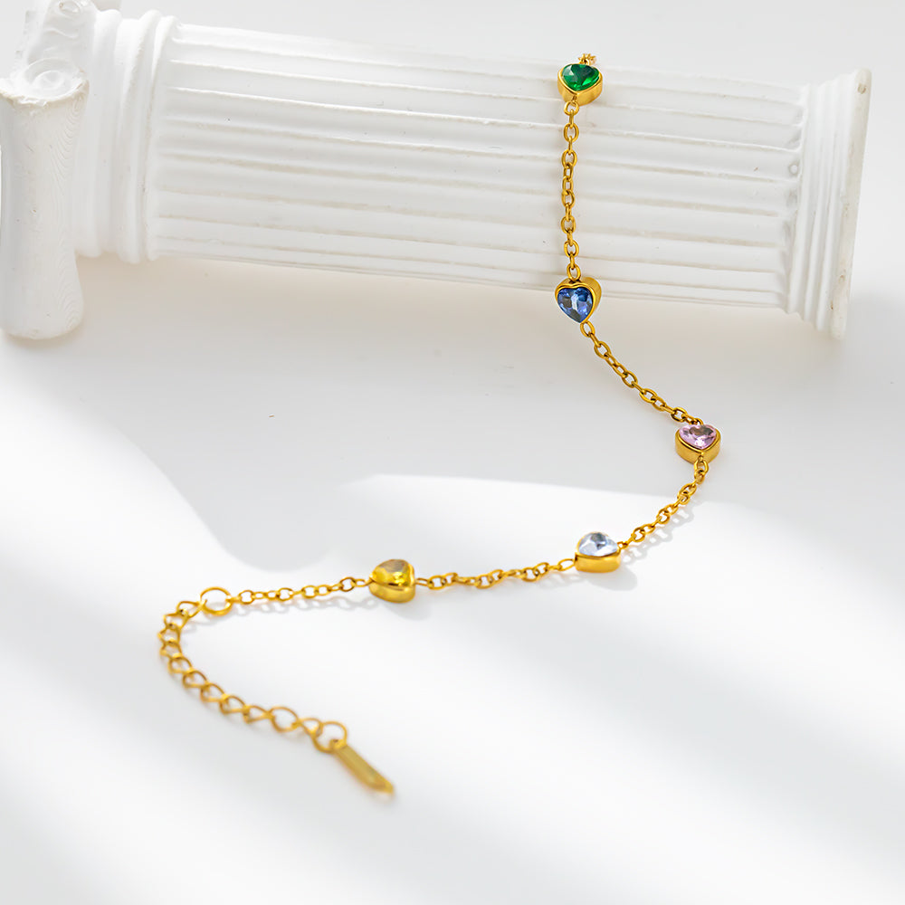 316 Stainless Steel 18K Gold Plated Bracelet with 5 Colorful Heart Zircon Stones | Dazzling Fashion Jewelry