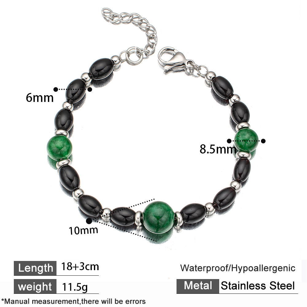 Onyx & Jadeite Bead Bracelet – Black Glass & Green Chalcedony