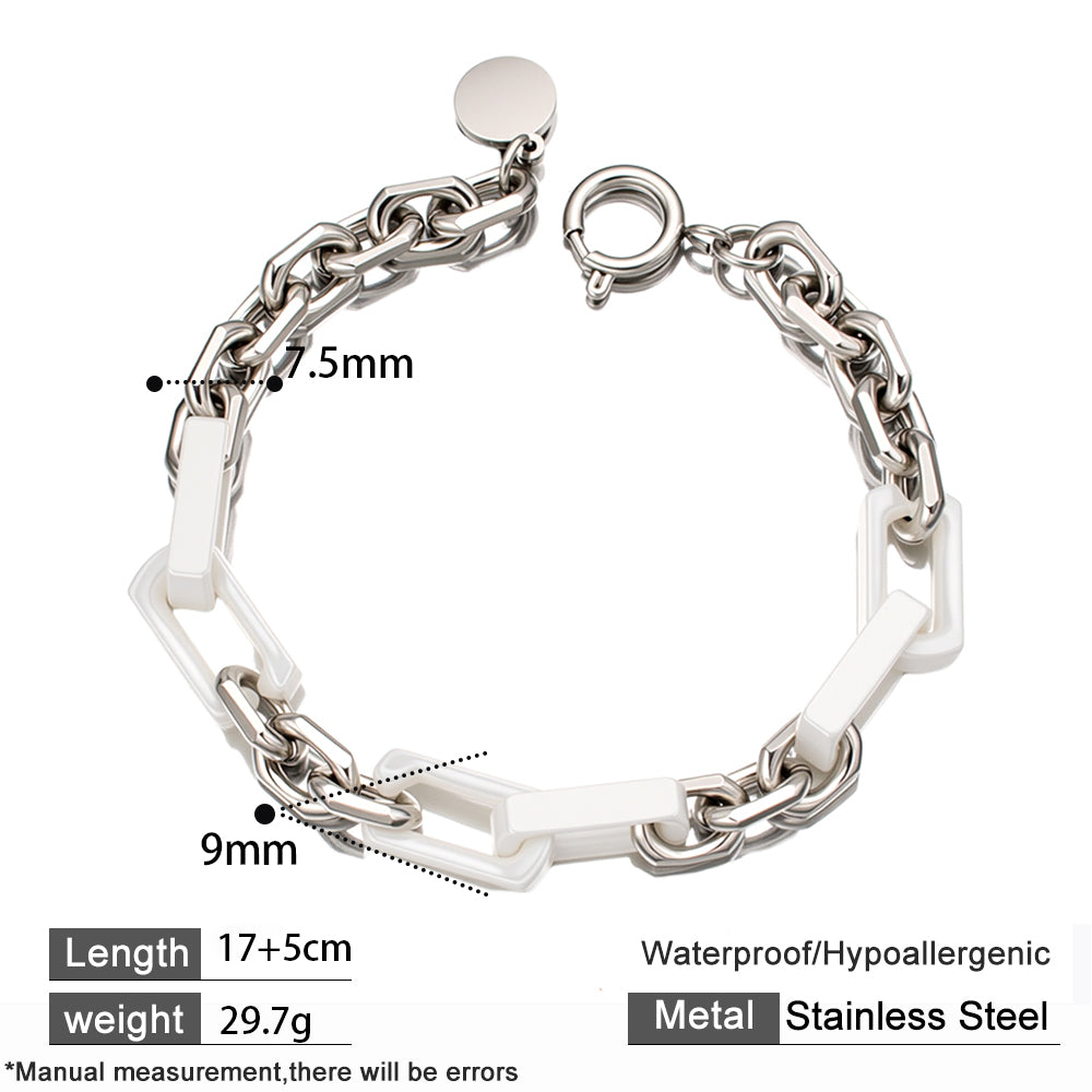 Ivory Flow Bracelet – White Ceramic & Stainless Steel Chunky Chain, Unisex