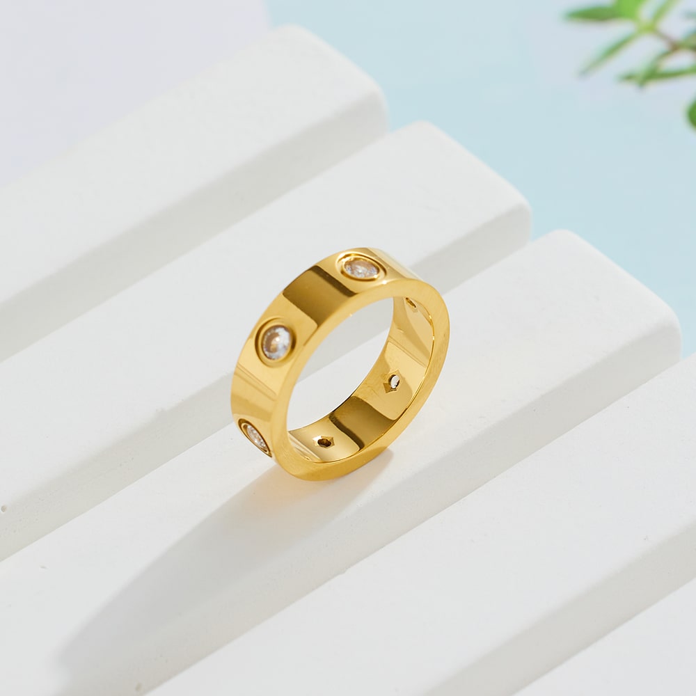 Stainless steel 18k gold plated round zircon ring