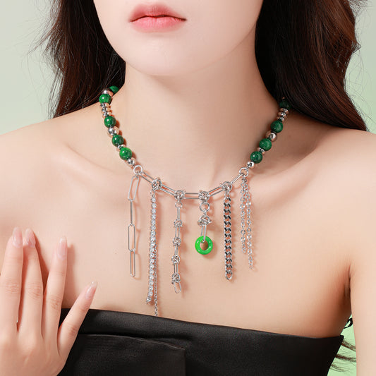 Green Tassel Elegance Necklace with Green Natural Stone Beads – Unisex Handmade Jewelry
