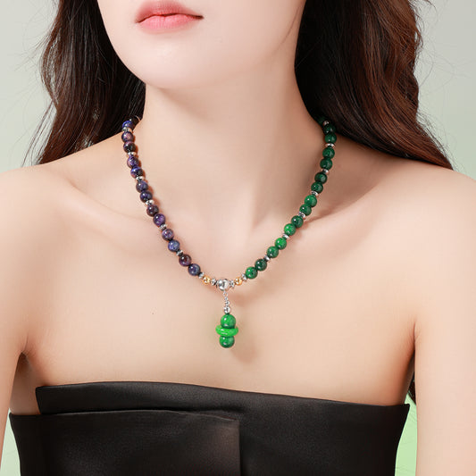Harmony Pendant Necklace with Natural Stones – Purple & Green Beads with Green Pendant, Unisex Handmade Jewelry