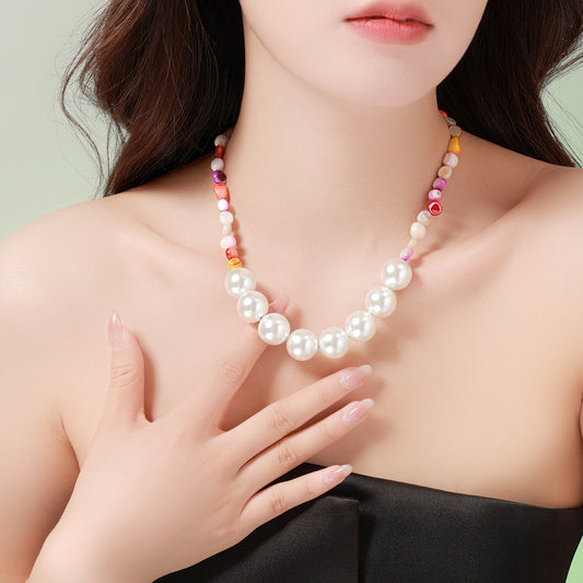 Color Harmony Necklace with White Beads and Multicolor Natural Stones – Unisex Handmade Jewelry