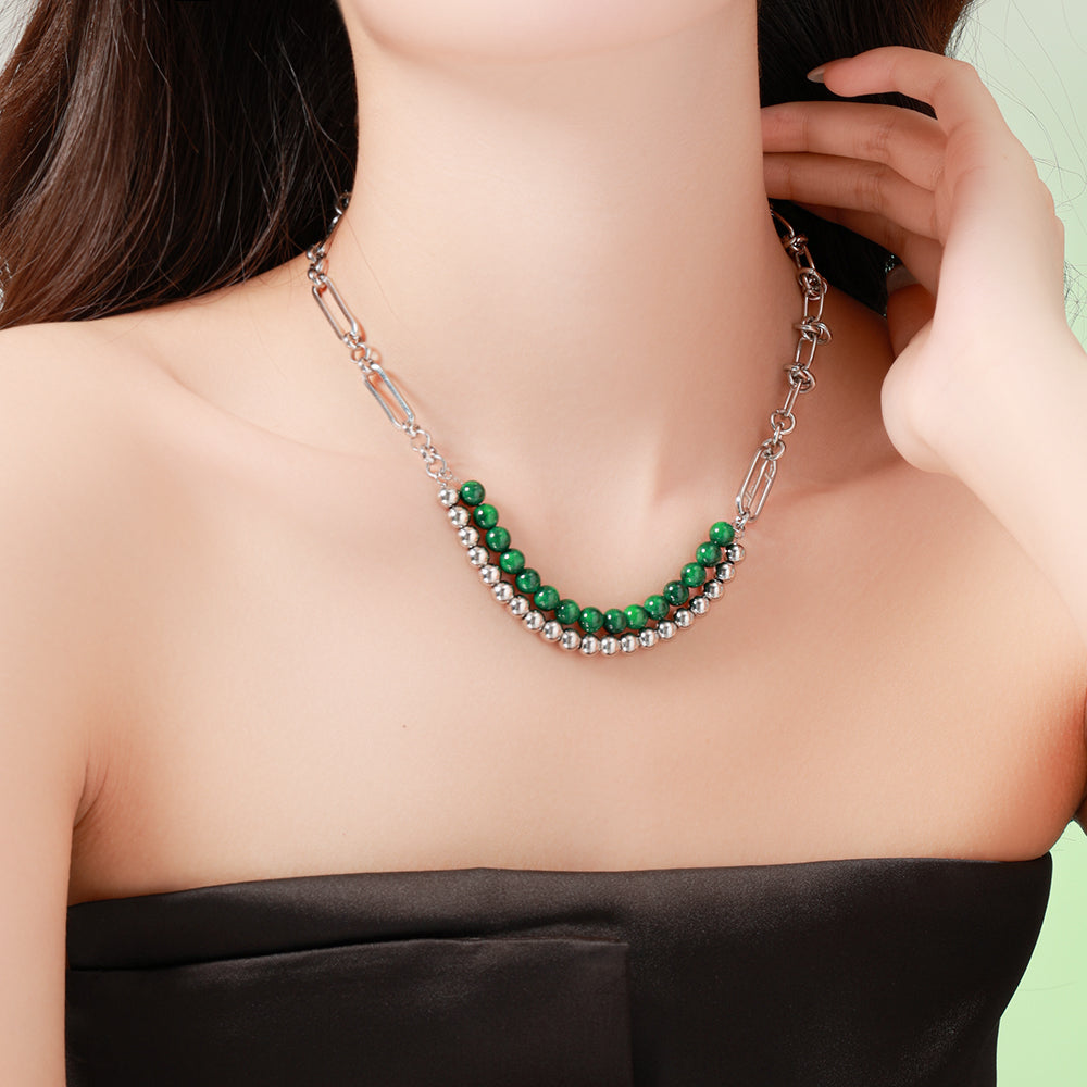 Green & Stainless Steel Layered Necklace – Unisex Handmade Jewelry with Green and Stainless Steel Beads