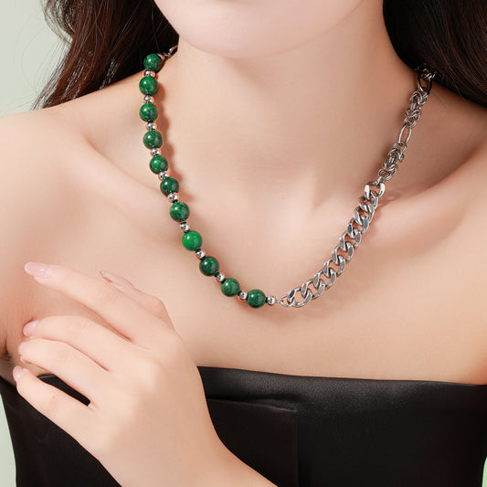 Verde Cuban Chain Necklace with Green Beads and Stainless Steel – Unisex Handmade Jewelry