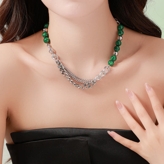 Triple-Layer Green Beads Necklace – Unisex Handmade Multi-Layer Jewelry