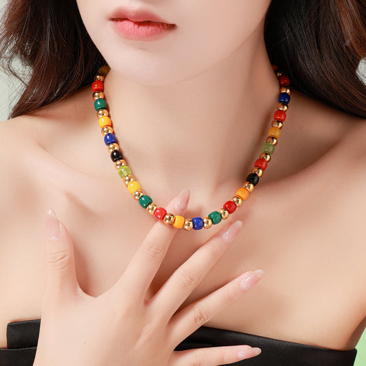 Color Glow Necklace with Multicolor Natural Stones and 316 Stainless Steel 18K Gold Beads – Unisex Handmade Jewelry