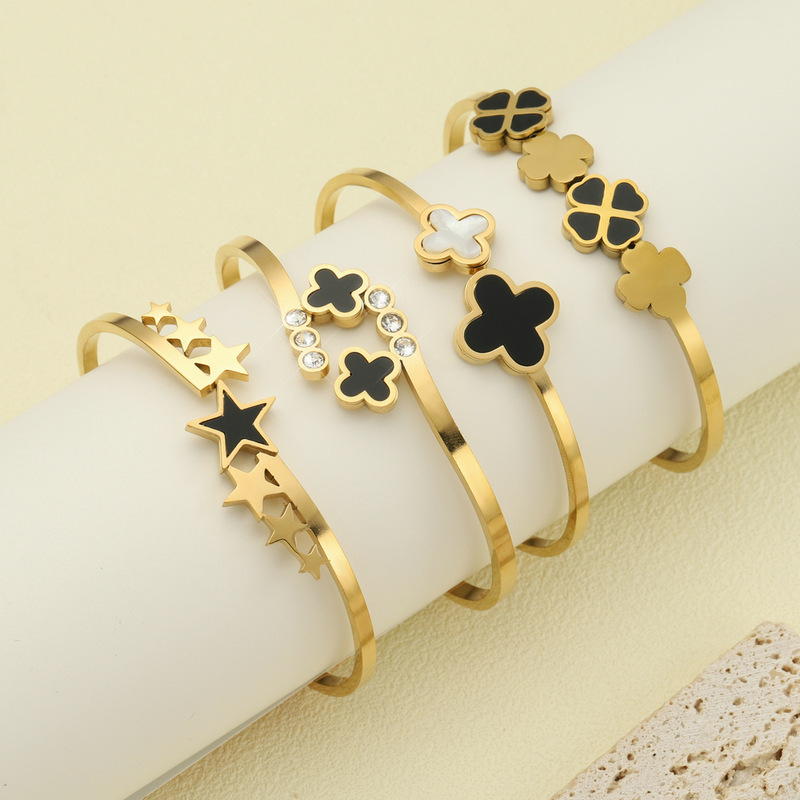 Stainless steel 18K gold plated star four-leaf clover bangle