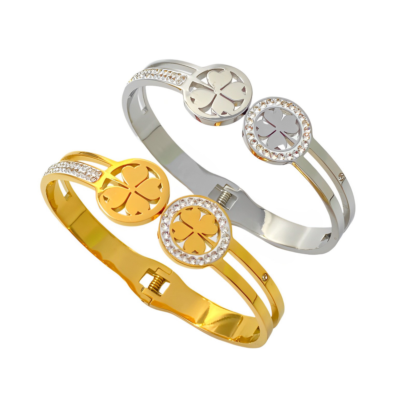 Stainless steel 18K gold-plated four-leaf zircon bangle