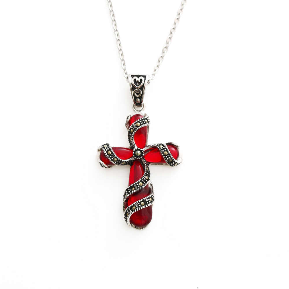 Stainless Steel 18K Gold Plated Ruby Cross Necklace