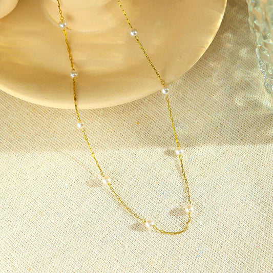 Stainless steel 18K gold-plated pearl necklace