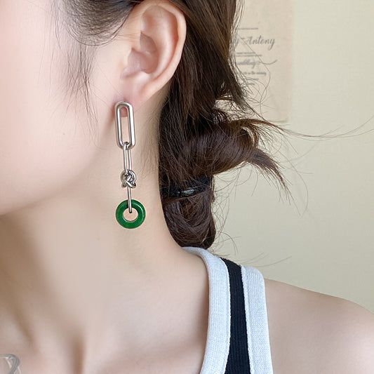 Green Carved Stone Hoop Dangle Earrings – Stainless Steel Chain Earrings with Green Natural Stone Hoop, Unisex