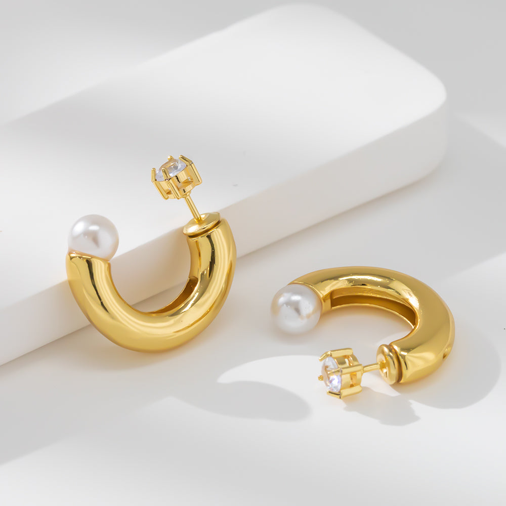 316 Stainless Steel 18K Gold Plated C-Shaped Earrings with Round Bead | Minimalist Trendy Jewelry