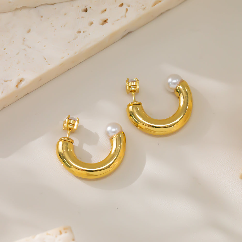 316 Stainless Steel 18K Gold Plated C-Shaped Earrings with Round Bead | Minimalist Trendy Jewelry