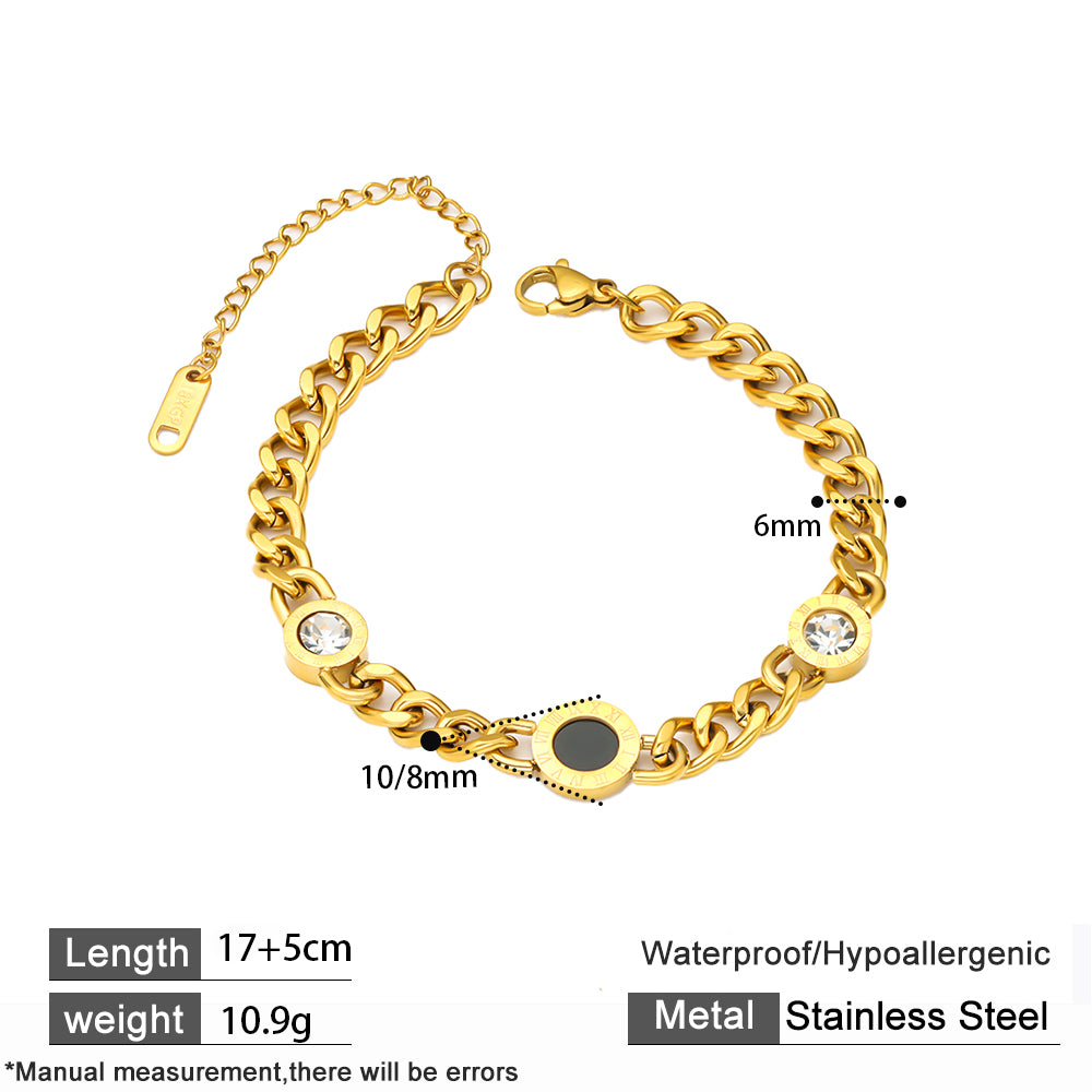 316 Stainless Steel 18K Gold Plated Bracelet | Black & White Accents with 3 Decorative Elements Minimalist Jewelry