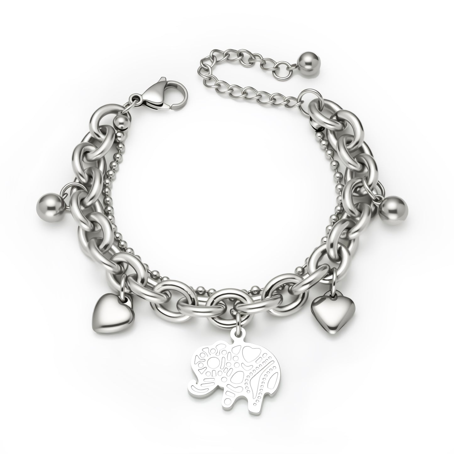 Double-Layer Charm Bracelet – Beads, Heart & Elephant, Unique Design