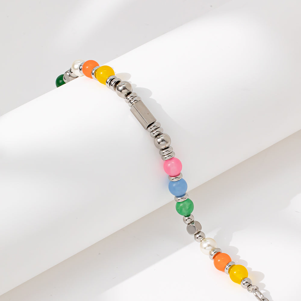 Aurora Color Agate Necklace – Silver 304 Stainless Steel Beads