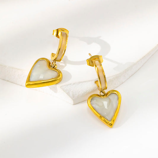 316 Stainless Steel 18K Gold Plated Heart Pendant Earrings | White Enamel Minimalist Jewelry