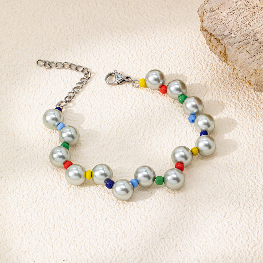 Luna Frost Glass Bead Necklace – Grey Glass Beads & Colorful Minis, Stainless Steel