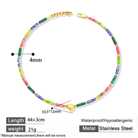 Rainbow Stone Necklace with Center Heart Pendant – Colorful & Charming Jewelry