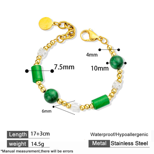 Green Chalcedony & Agate Bracelet with 18K Gold-Plated Stainless Steel – Elegant & Modern Unisex Jewelry