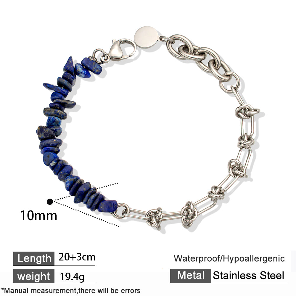 Lapis Lazuli Chip Bracelet with Stainless Steel Chain – Elegant & Natural