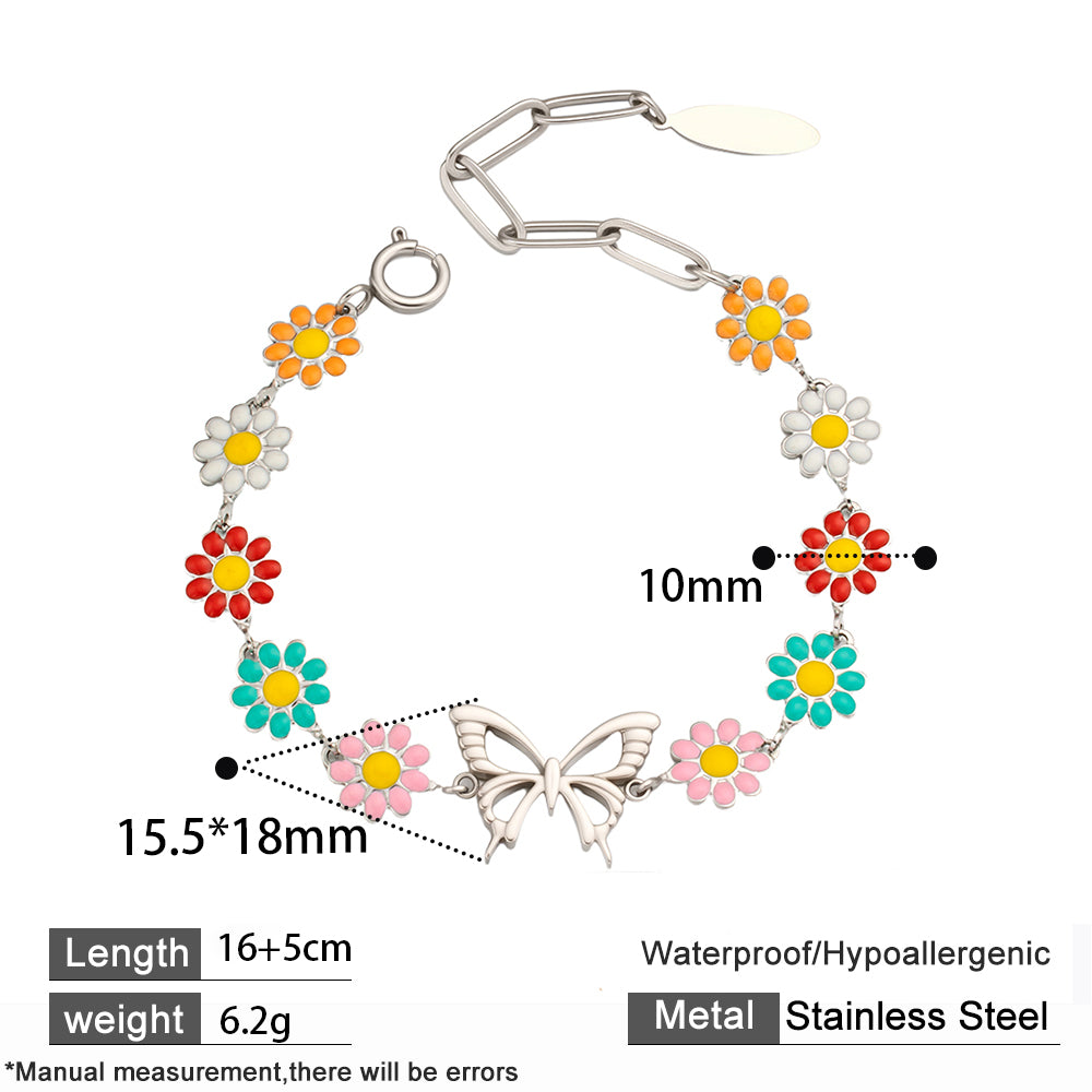 Colorful Enamel Flower Bracelet with Bow – Cute & Playful Accessory
