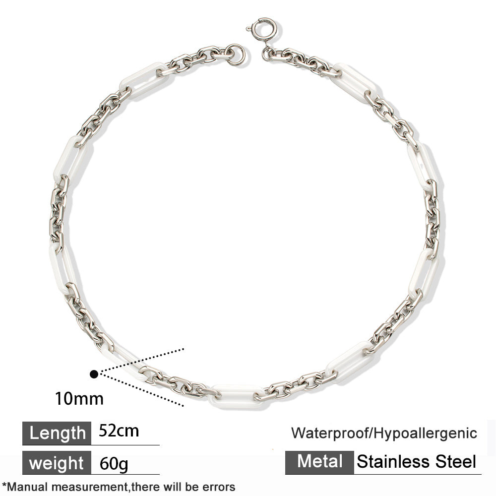 White Ceramic Necklace with 316 Stainless Steel Chain – Textured & Bold